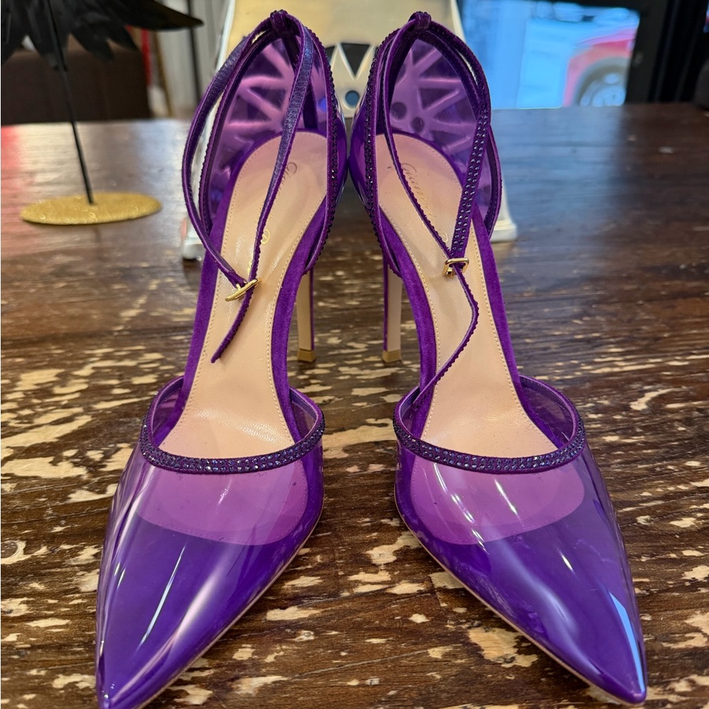 Gianvito Rossi Purple Suede & PVC Crystal Ankle Strap Pumps | Size 39